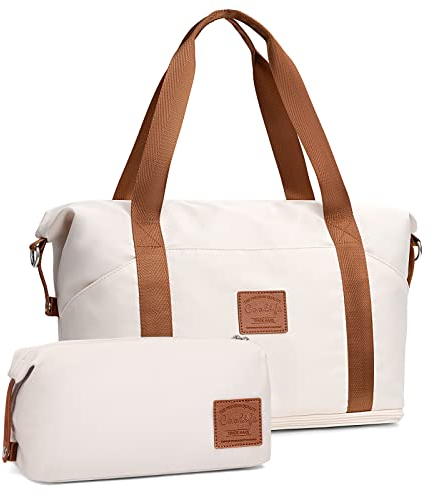 COOLIFE Travel Duffel Bag, Weekend Bags for Women with Trolley Sleeve and Toiletry Bag, Cabin Bag 40x20x25cm for Ryanair Airlines (White, 2 Piece Set)