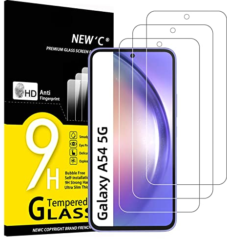 NEW'C 3 Piezas, Protector Pantalla para Samsung Galaxy A54 5G, Cristal templado Antiarañazos, Antihuellas, Sin Burbujas, Dureza 9H, 0.33 mm Ultra Transparente, Ultra Resistente