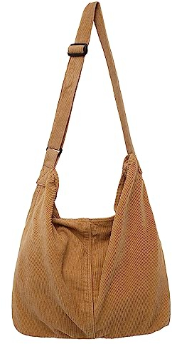 Makukke Umhängetasche Damen Handtasche, Cord Taschen Groß shopper Tote Bag schultertasche Casual Crossbody Bag für Schule Büro Arbeit Reisen Ausflug Einkauf,Brown Tasche