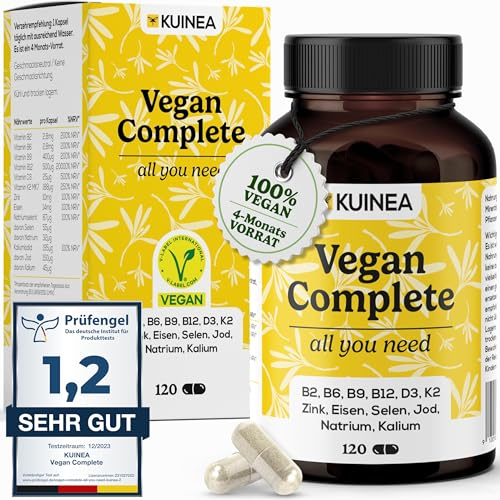 KUINEA® Vegan Complete – Vitamin B12 + D3 + K2 + B-Komplex + Zink, Eisen, Jod, Selen, Kalium – Multivitamin hochdosiert – 120 vegane Kapseln – 4 Monats-Vorrat