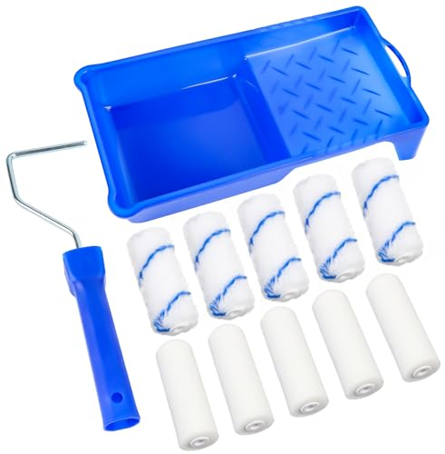 12 Stück Klein Farbroller Set Enthält 5 Schaumstoff Farbroller 5 Mikrofaser Malerrolle 1 Farbwanne und 1 Lackierwalze Rahmen, 10cm Farbroller Wandfarbe für Anstricharbeiten und Renovierung