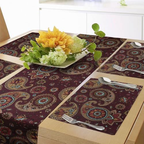 ABAKUHAUS Paisley Tischläufer & 4 Stück Tischsets, Mittleres Muster gedrucktes Bild mit Stammeskunst und böhmischem Motiv, Set für die Tischdekoration, 180 cm x 40 cm, Burgunderrot und dunkler Senf