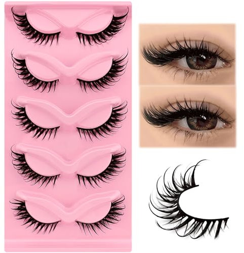Falsche Wimpern Wispy Cat-Eye Wimpern Wet Look Curly Fox Eye Künstliche Wimpern 18mm lang Dramatische Engelsflügel Wimpernlift Falsche Wimpern 5 Paare Pack (Wet-03)