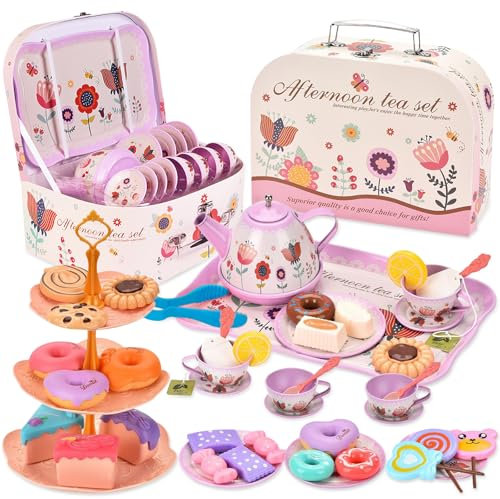 TOSUTO 52Pcs Teeservice Kinder,Kinder teeservice,Tee Set Kinder,kindergeschirr spielküche,puppengeschirr mit Tassen,Tellern und Zubehör,Teiliges Teeparty Set für Kinder Mädchen 3 4 5 6 7 Jahren