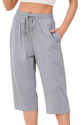 Vlazom Bomull dampyjamasunderdel casual capribyxor korta damer loungebyxor med fickor dragsko nattkläder S-XXL, Ljusgrå, L