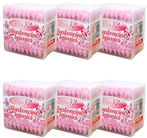 Bastoncini Igienici Rosa Derma Kleans, per pulizia orecchie, 55 Pezzi, Confezione da 6, 100% Cotone Puro - Amami BEAUTY