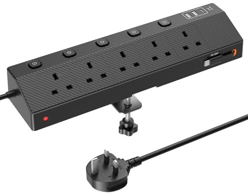 Desk Extension Lead 1.8M, STGAROT PD 30W Power Strip with Retractable USB C Cable, 5 Way Power Socket with 3 USB C Port, 2 USB A Port, Desktop Plug Socket with Removable Clamp for Office Accessories