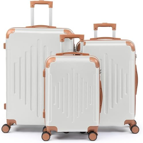 Karl home Luggage Set of 3, ABS Hard Shell Cabin Suitcase, Small Medium Large Size Lightweight Travel Suitcases 4 Wheel & Locks, Hand Luggage Bag (Beige White, 20/24/28)