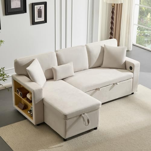LAKFEW Ecksofa mit Schlaffunktion und USB, Schlafsofa mit Bettkasten und Stauraum, Schlafcouch Eckcouch mit Integriertem Regal und Seitentaschen, Couch L Form, Wohnzimmer Möbel, Beige, Samt