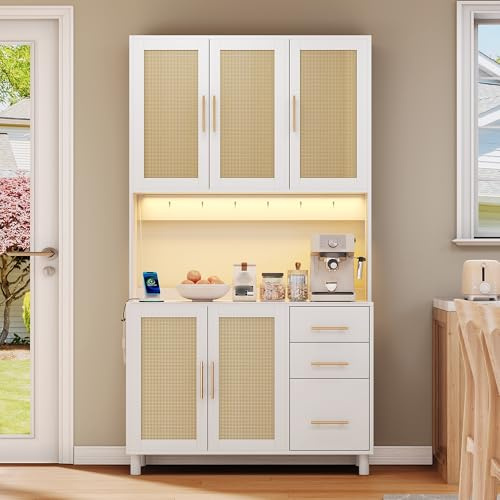 Armario de cocina con encimera, buffet, aplicación de luces decorativas controladas, estantes ajustables, enchufe, USB, armario de buffet con cajones, cocina, salón, 100 x 40 x 183 cm, blanco (blanco)
