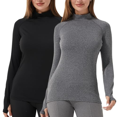 YUSHOW 2-pack termoundertröja damer långärmad vinter termoskjorta med halv polotröja Thumbhole sportskjorta kompressionströja varma underkläder funktionell skjorta, Svartgrå, L