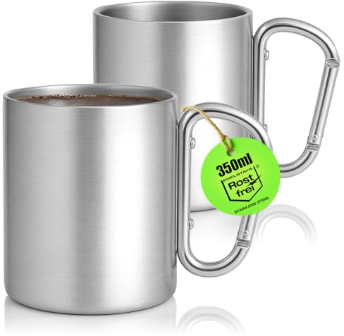 com-four® 2x Edelstahl Thermobecher mit Karabinergriff - 350 ml doppelwandige Isolierbecher - robuste Kaffeetassen für Camping, Wandern, Outdoor & Reisen