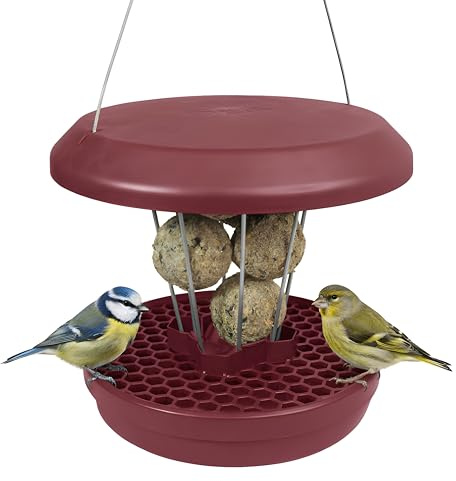 SWISSINNO Bird Feeders - No Mess Fat Ball/Suet Feeder for Outdoors Hanging - Smart Birds Lucerne Spill Proof Wild Cardinal Bird Feeder with Integrated Seed Catcher Tray - Burgundy