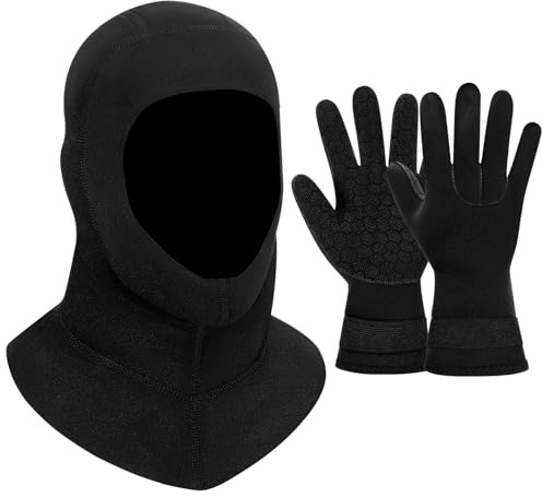 Cuffbow Diving Hood and Water Gloves 3mm Thermal Neoprene Wetsuit Hat Diving Cap Warm Gloves with Adjustable Waist Strap for Men Women Snorkeling Sailing Surfing Kayaking