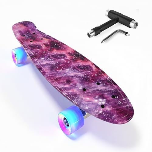 Baroni Toys Skateboard per Bambini dai 3 Anni, Skate Completo con Ruote LED Luminose Senza Batterie, Strumento T-Tool per Regolazione Intergato, 56x14,5x12 cm (Rosa)