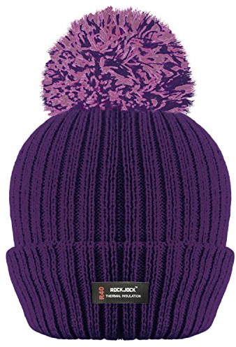 RockJock R40 Ladies Womens Winter POM Ribbed Beanie with Advanced Thermal Insulation HAT, DK Purple, One Size
