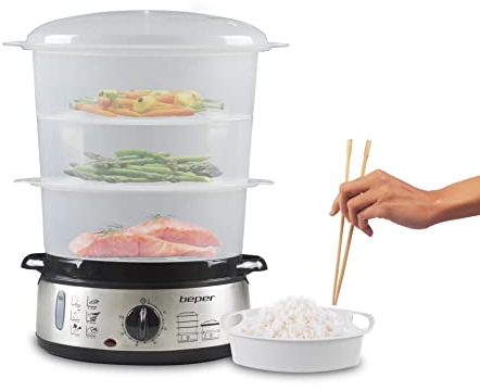 BEPER BC.250 Vaporera de 9 litros con Temporizador - Vaporera Cocinar Vapor Arroz, Pescado, Raviolis, Verduras y Carne - Sin BPA