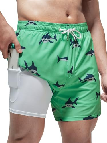 Arcweg Mens Swimming Trunks 2 in 1 with Boxer Liner 5.5 Quick Dry Swimwear Bathing Suit Swim Shorts with Zipper Pockets S(US) Shark