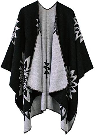 EXCHIC Donne Casual Oversize Poncho Cape Modello Floreale Elegante Sciarpa Cappotto Maglieria Scialli Avvolgimenti (Nero-02)