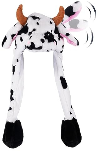CICITOYWO Funny Plush Animal Hat Ear Moving Jumping Cow Cap for Kids Adults Cosplay Gift (Black and White)