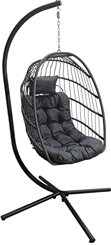 Samuel Alexander Grey Hanging Egg Chair With Stand Waterproof Cover And Cushions Steel Frame Rattan Outdoor Swing Chair Garden Seat Hammock Balcony Conservatory Furniture