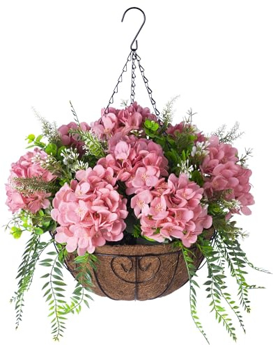 Artificial Hanging Hydrangea Flowers with Basket for Outdoor Spring Decoration, Fake Silk Hydrangea Flower Outdoor Indoor Arrangements, Fake Hanging Plants for Balcony Garden Yard Decor(Champagne)