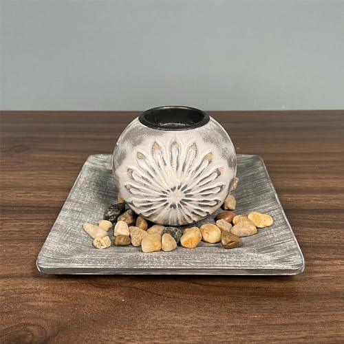 Hosoncovy Wooden Ball Tealight Holder with Tray and Pebbles Tealight Candle Holder Set for Home Decor (Flower)