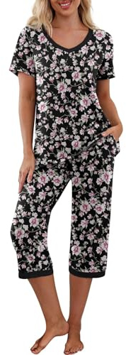 PrinStory Pyjamasset för kvinnor, sovkläder, lounge-kläder, kortärmad t-shirt, capribyxor, med fickor