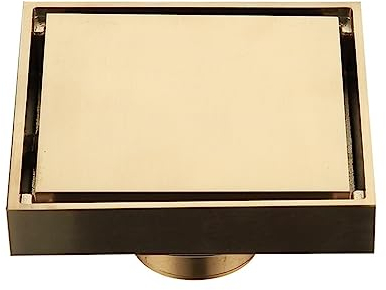 Trench Drain, 4 Inch Brass Square Shower Floor Drain with Tile Insert Removable Cover Hair Catcher Strainer, Golden