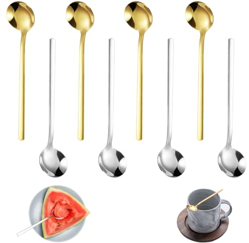 8 Pezzi Cucchiaini Lunghi Acciaio Inox,Cucchiaio Anguria,Cucchiaini da Caffè,Cucchiaino Lungo,Cucchiaio a Manico Lungo,Cucchiaio da Dessert,Cucchiaio da Gelato,per Picnic Bar Feste in Cucina