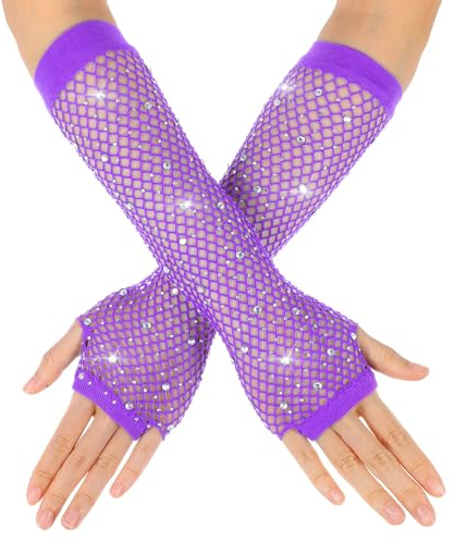 Yolev Netzhandschuhe Lila Lange Fischnetz Fingerlose Handschuhe Netzhandschuhe für Damen mit Strass Fishnet Glänzende Modische Opernhandschuhe für 80er Jahre Kostümparty Halloween Cosplay Weihnachten