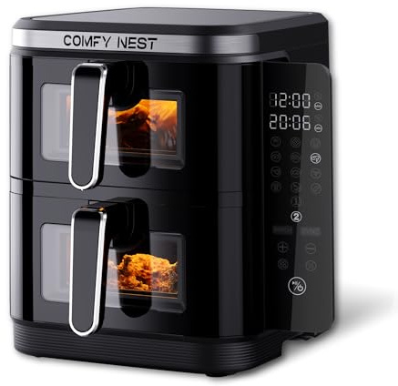 Comfy Nest, 11-Liter-Doppelkorb-Luftfritteuse mit 12 Kochprogrammen, Heißluftfritteuse, schneller Luftzirkulationstechnologie und LED-Touchscreen – Größe: 11 l, Farbe: Schwarz