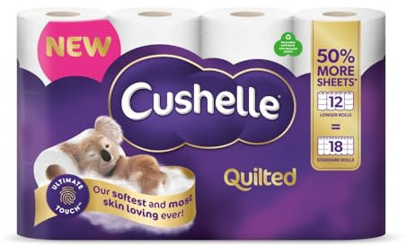 Cushelle Quilted 3-Ply Longer Rolls Toilet Tissue, 12 = 18 Rolls