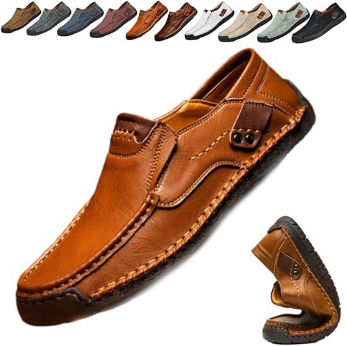Mocasines de cuero para hombre, zapatos casuales de negocios, ligeros, transpirables, hechos a mano, zapatos planos para conducir, Brown, 45 EU
