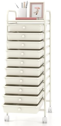 GIANTEX Carro de Almacenamiento 10 Cajones, Estantería con 4 Ruedas (2 con Frenos), Carrito de Plástico con Marco de Metal, Organizador para Oficina, Cocina, Baño, 33x37x86 cm (Blanco)