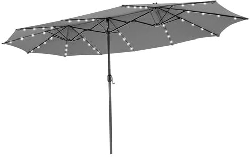 COSTWAY Parasol de Jardin Double 470 x 280 CM avec 48 LED à Énergie Solaire, Parasol Extra Large avec Manivelle, Parasol Jumeau avec Évents et Panneau Solaire à Chargement Automatique (Gris)