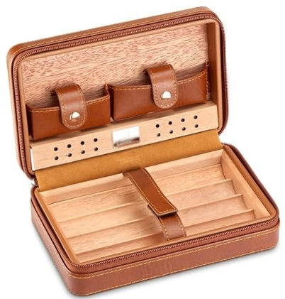 caja de almacenamiento Caja de humidificador de puros de madera de cedro, estuche for puros de viaje, caja de almacenamiento de 4 puros, humidificador for Sigar Estuche de Cigarrillo(Bruin)