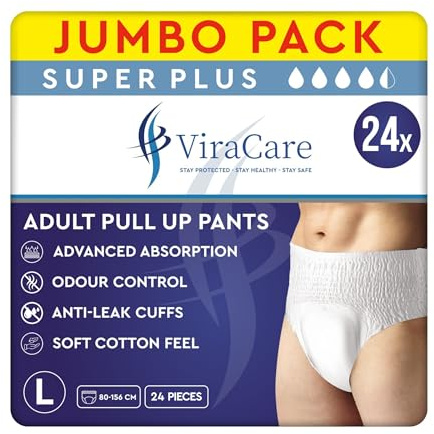 24 x Super Plus Incontinence Pants Women & Men | Adults Nappies | Advanced Absorption and Soft-Stretch Waistband | Adults Pull Up Pants | Waist Size Large 80-156 cm | (2 Packs of 12)
