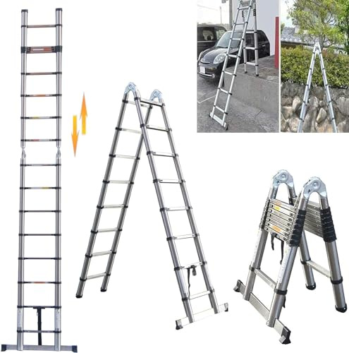 Escalera telescópica plegable de 3,8 m con estabilizador, marco de 1,9 m + 1,9 m, multiusos, escalera extensible, escalera plegable portátil, diseño telescópico, escalera doméstica antideslizante