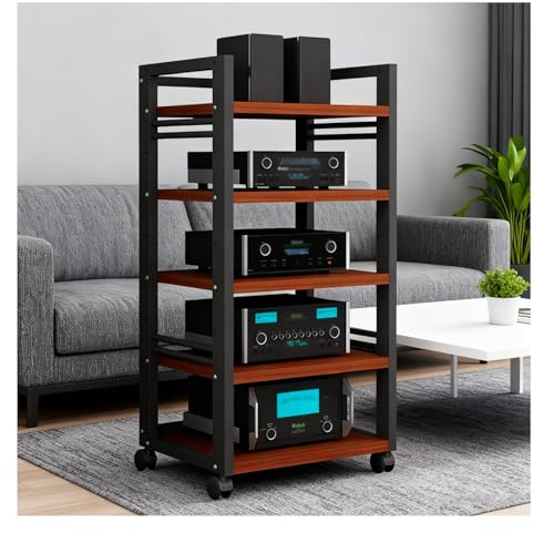 HIFI-stånd Stereo Rack AV Media Ställ med hjul, HIFI-stånd i trä för CD-skivor, skivspelare, stereo-mottagare, AV-utrustningsskåp, displayställ för vardagsrum(Black2)