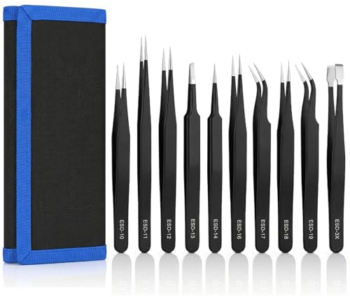 Juego de 9 Pinzas de Precisión ESD de Acero Inoxidable, Tweezers Antistáticas, Puntas Finas para Electrónica, Soldadura, Laboratorio, Joyería y Modelismo, con Funda de Lona