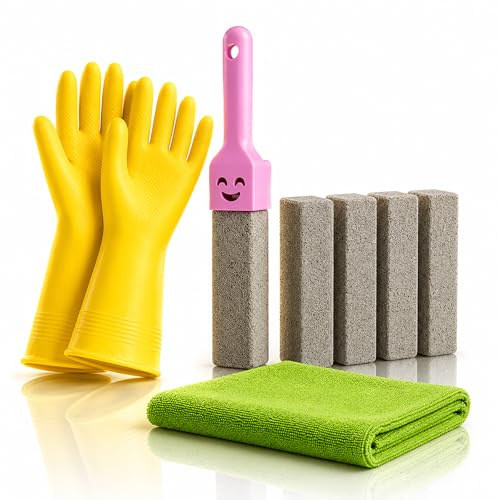 Pumice Stone Toilet Cleaning Sticks with Handle, Waterproof Household Gloves & Green Microfibre Cloth Pack, Bathroom Cleaning Tools for Limescale Rust Sink Tile Grease Removal