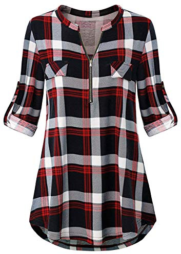Odosalii Blusa tipo túnica a cuadros para mujer con cremallera y cuello en V y estampado floral, camiseta polo de manga larga y corta, XXL