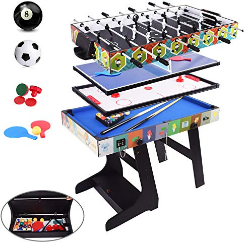 ALPIKA 4FT 4 in 1 Muliti Sports Game Table, Folding Combo Game Table - Pool/Snooker Table, Air Hockey Table, Table Tennis Table, Football Table with Accessory Storage Box