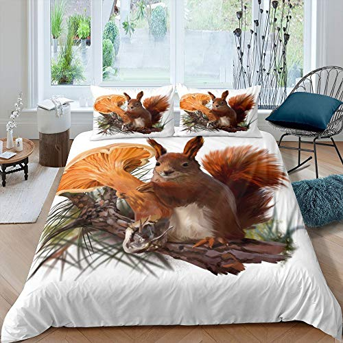 feelingyou 3D Eichhörnchen mit Pilzen Bettwäsche-Set Brauner Kiefer Bettwäsche Set 135x200cm Schöne Tiere Betten Set für Kinder Jungen Mädchen Teenager 2St.Reißverschluss Mikrofaser