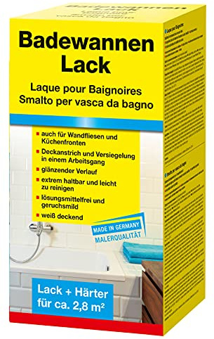 Pufas Decotric Badewannenlack mit glänzendem Verlauf - ca. 2,8 m² I weiß deckender Fliesenlack und Versiegelung I Haltbares Emaille Reparaturset I 2K-System