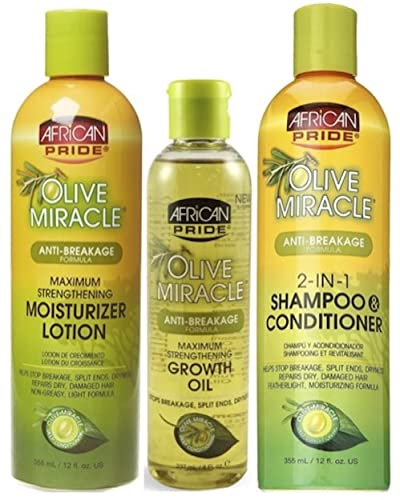 African Pride Olive Miracle Anti-Breakage Moisturizer Lotion, Wachstumsöl und 2-in-1 Shampoo & Conditioner
