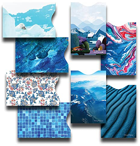 8 RFID Blocking Sleeves, Unique Designs and Arts in Blue, Anti-Theft Credit Card Holder, Credit Card Protector, Easy to Recognize, Sturdy and Perfect size for cards