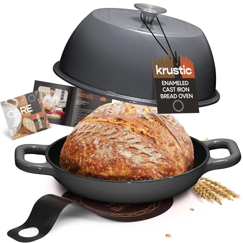 Krustic Horno holandés de hierro fundido esmaltado para hornear pan de masa madre, olla de 6 cuartos con tapa, juego de utensilios de cocina de revestimiento grueso de cerámica de 10 pulgadas con