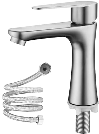 ZOYDP Grifo Lavabo, Grifo Baño con Manguera de Conexión de 60 cm, Grifo Agua Fría Baño, Grifo para Lavabo de Baño Acero Inoxidable, Grifo Monomando Lavabo para Baño y Aseo de Invitados